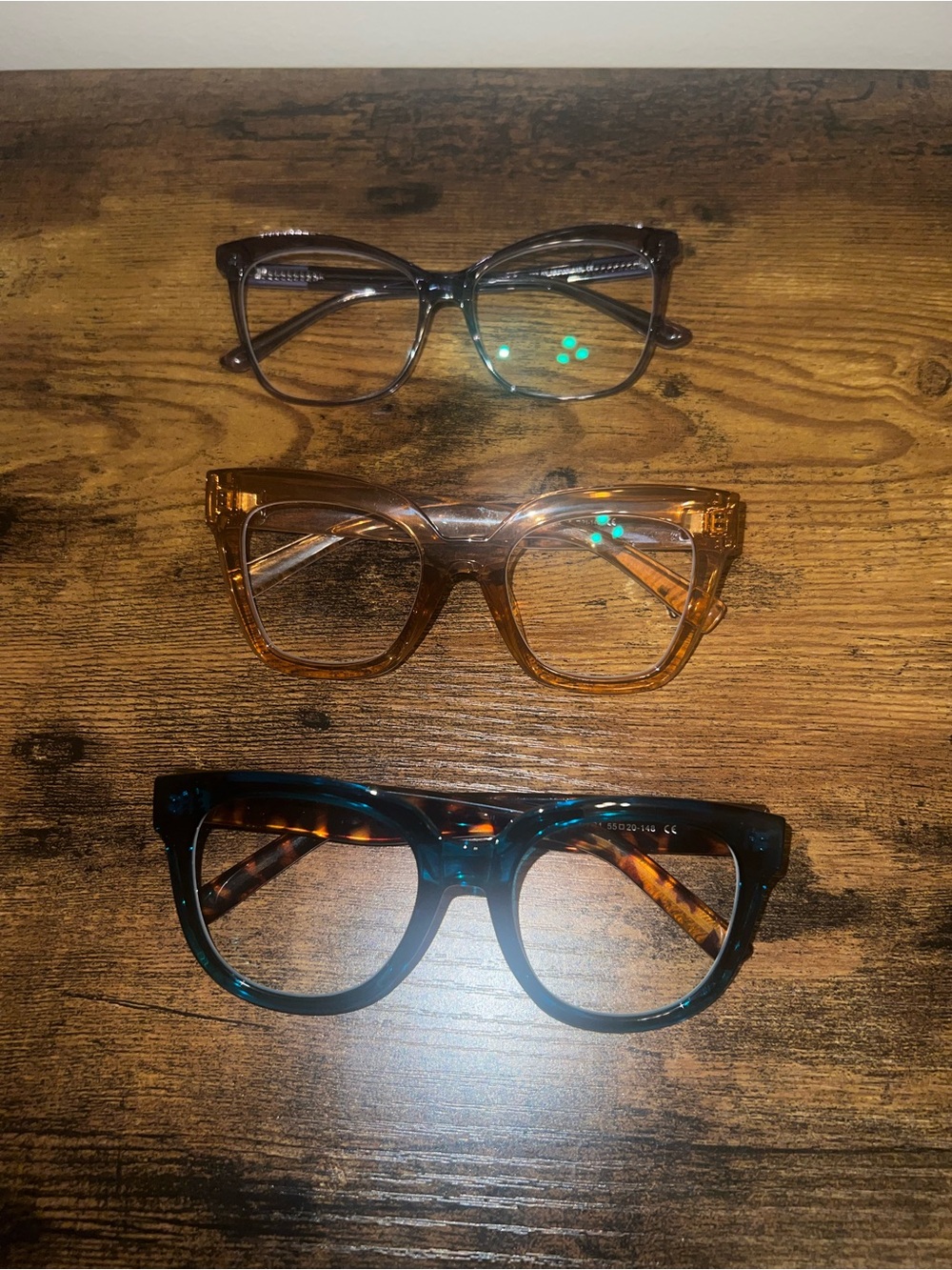 Set of 3 Fashion Eyeglass Frames - Clear Gray, Amber, Tortoiseshell & Green